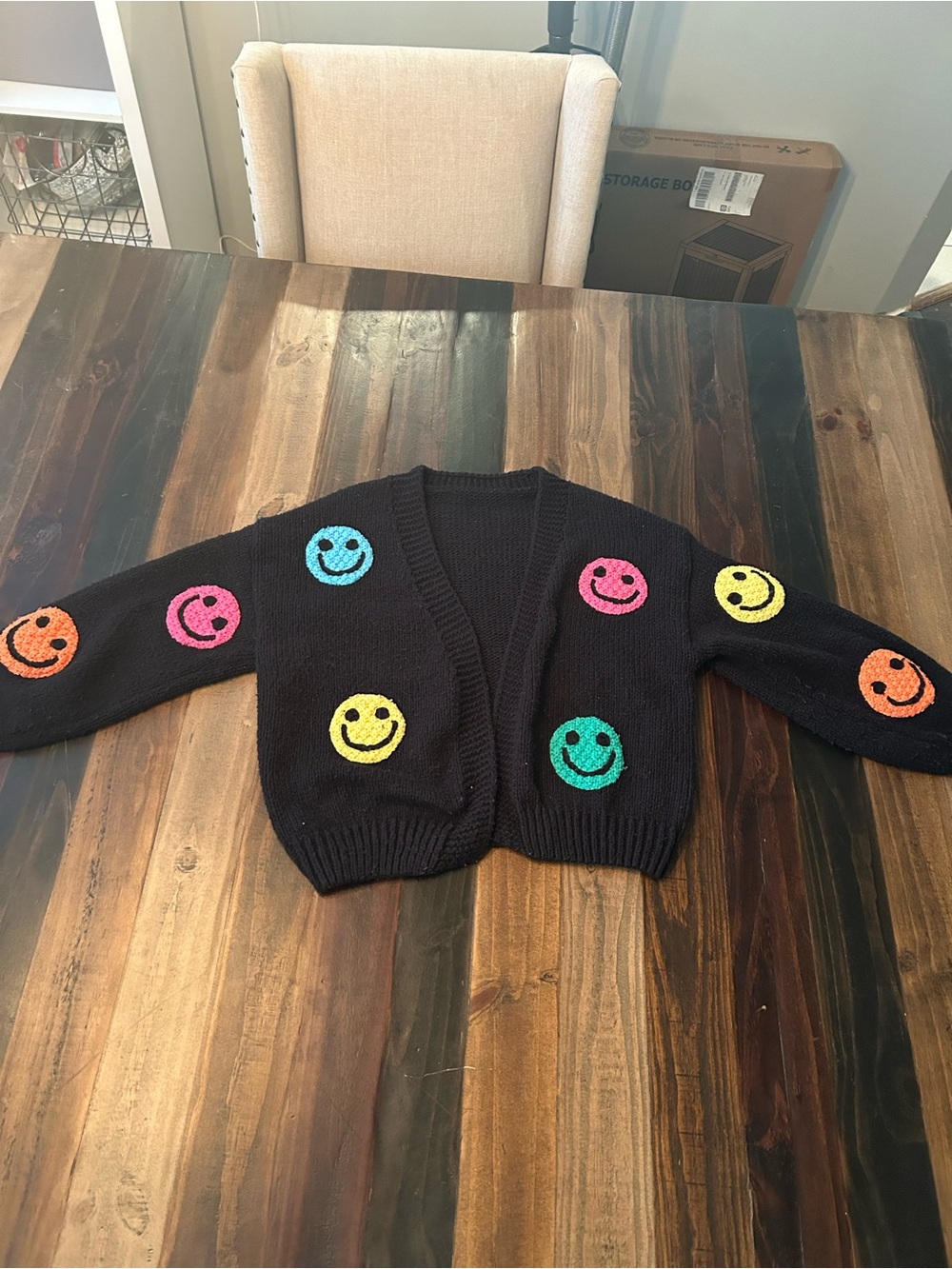 Black Smile Patch Knit Cardigan - Multi-Color Smiley Embroidery
